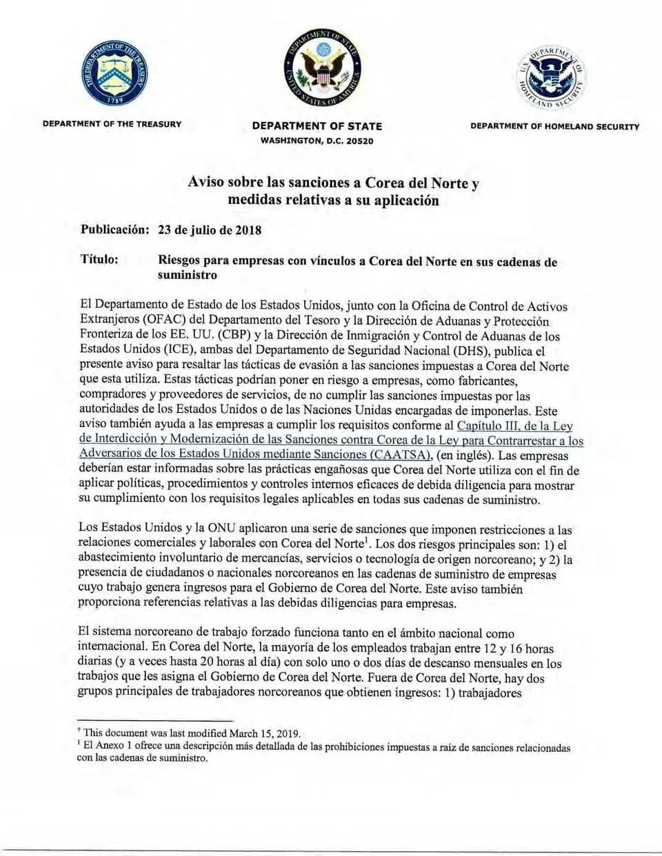 Wholesale distribution — Risks for Businesses with Supply Chain Links to North Korea (Spanish)